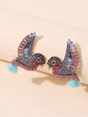 Crystal Bird Statement Earrings in Pink & Blue